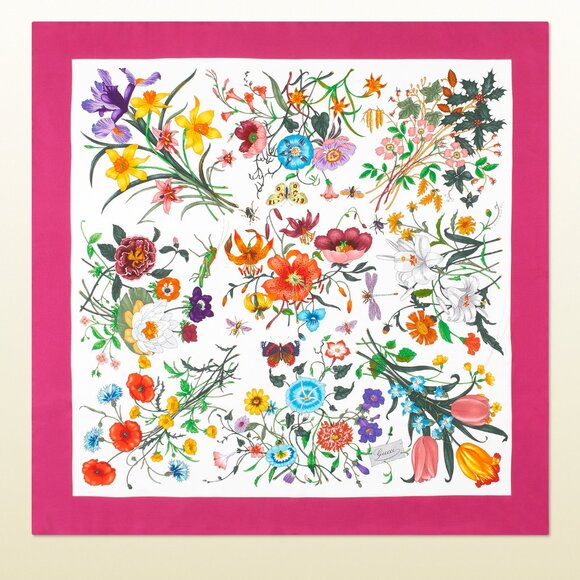 Gucci Silk Wrap Flora Print Logo White Multicolor Pink Border Scarf - Picture 1 of 15